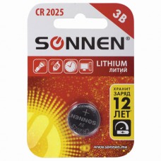 Батарейка SONNEN Lithium, CR2025, литиевая, 1 шт., в блистере