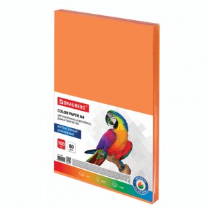 Бумага цветная BRAUBERG, А4, 80 г/м2, 100 л., интенсив, оранжевая, для офисной техники