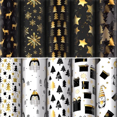 Бумага упаковочная подарочная новогодняя "Black.Gold.White", 70х100 см, 10 дизайнов ассорти, ЗОЛОТАЯ СКАЗКА