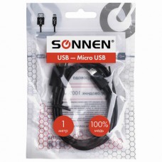Кабель USB 2.0-micro USB, 1 м, SONNEN, медь, для передачи данных и зарядки, черный Кабель USB 2.0-micro USB, 1 м, SONNEN, медь, для передачи данных и зарядки, черный