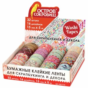 Клейкая WASHI-лента для декора, 15 мм х 5 м, ассорти, в дисплее, рисовая бумага, ОСТРОВ СОКРОВИЩ