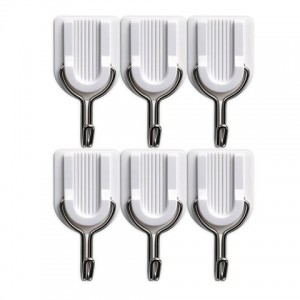 Крючки самоклеящиеся КОМПЛЕКТ 6 шт., 2,4х4,5 см, пластик + металл, полуовальные, белые, PRIMILA (ПРИМИЛА)