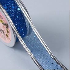 Лента капроновая с металлической нитью «Блёстки», 25 мм × 2,7 ± 0,5 м, цвет синий/серебряный