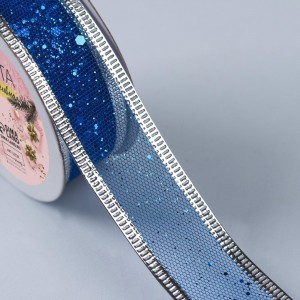 Лента капроновая с металлической нитью «Блёстки», 25 мм × 2,7 ± 0,5 м, цвет синий/серебряный