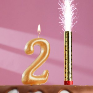 Набор Свеча для торта цифра 2 Гигант, золотая, с фонтаном