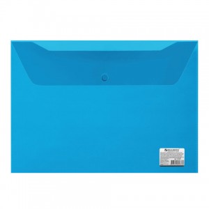 Папка-конверт с кнопкой BRAUBERG, А4, до 100 листов, прозрачная, синяя, 0,15 мм