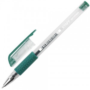 Ручка гелевая с грипом STAFF, ЗЕЛЕНАЯ, корпус прозрачный, узел 0,5 мм, линия письма 0,35 мм