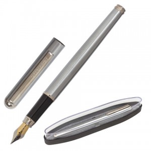 Ручка подарочная перьевая BRAUBERG "Larghetto", СИНЯЯ, корпус серебристый с хромированными деталями, линия письма 0,25 мм
