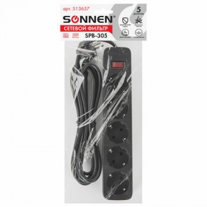 Сетевой фильтр SONNEN SPB-305, 5 розеток с заземлением, выключатель, 10 А, 3 м, черный