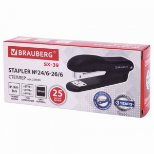 Степлер №24/6, 26/6 BRAUBERG "SX-39", до 25 листов, черный