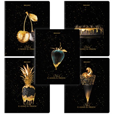 Тетрадь А5, 48 л., BRAUBERG, скоба, клетка, матовая ламинация, фольга, "Black&Gold" (микс в спайке)
