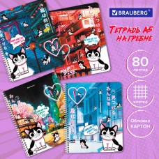 Тетрадь А5 80 л. BRAUBERG, гребень, клетка, обложка картон, "Anime Cats" 