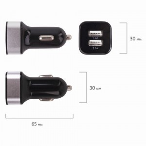 Зарядное устройство автомобильное SONNEN, 2 порта USB, выходной ток 2,1 А, черное-белое